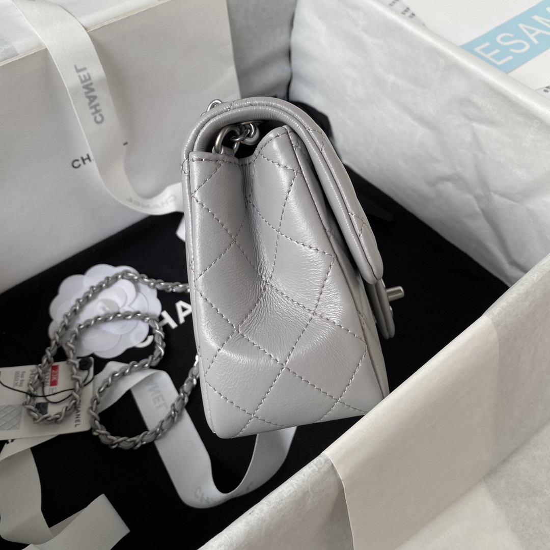 Ch**el MINI FLAP BAG SHINY CALFSKIN & SILVER-Tone METAL LIGHT GRAY 5.3 × 6.6 × 3.1 in