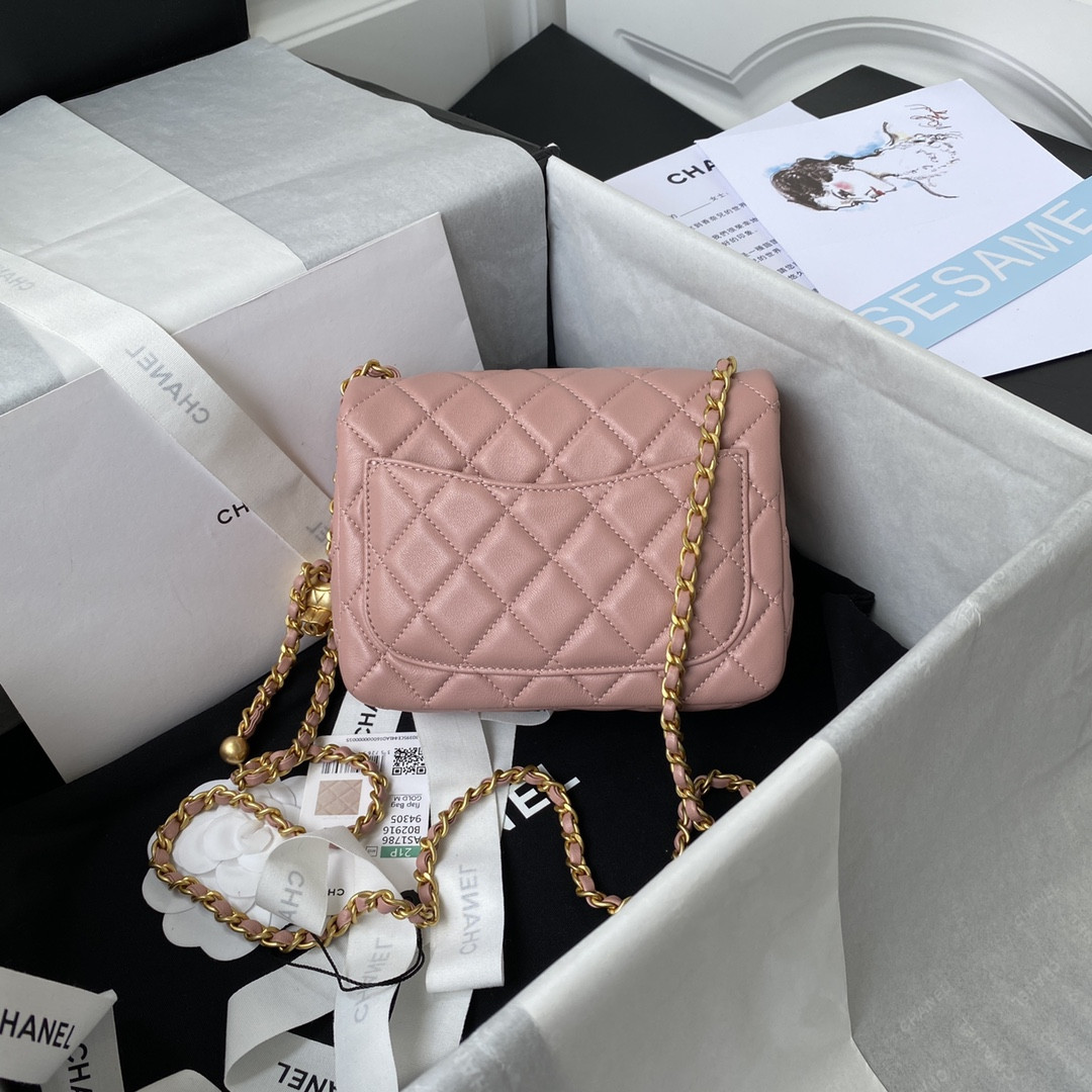 Ch**el MINI FLAP BAG SHINY CALFSKIN & Gold-Tone METAL PINK 5.3 × 6.6 × 3.1 in