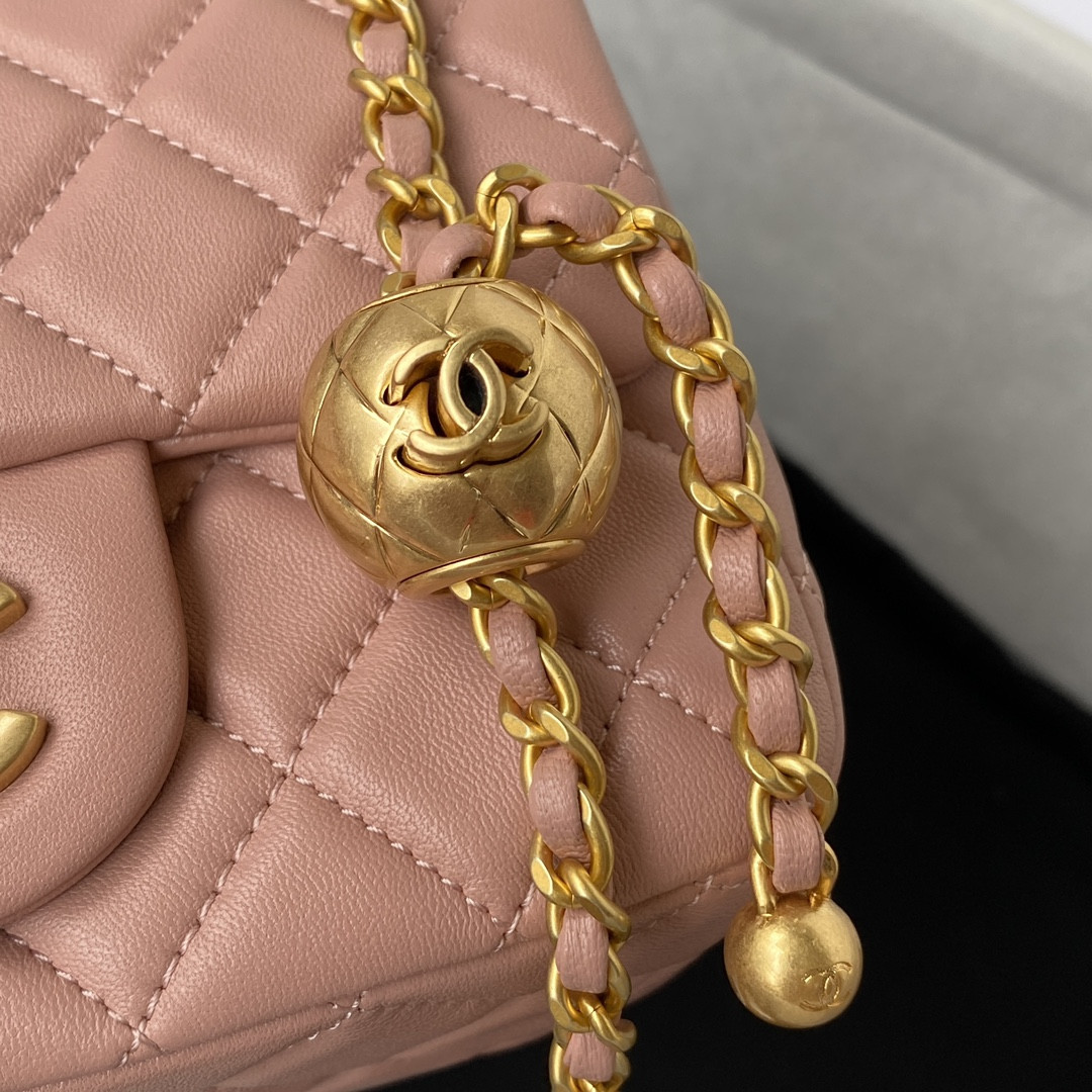Ch**el MINI FLAP BAG SHINY CALFSKIN & Gold-Tone METAL PINK 5.3 × 6.6 × 3.1 in