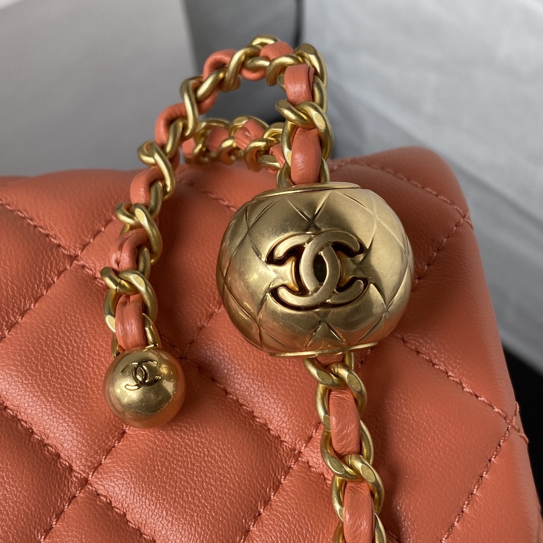 Ch**el MINI FLAP BAG SHINY CALFSKIN & Gold-Tone METAL ORANGE 5.3 × 6.6 × 3.1 in
