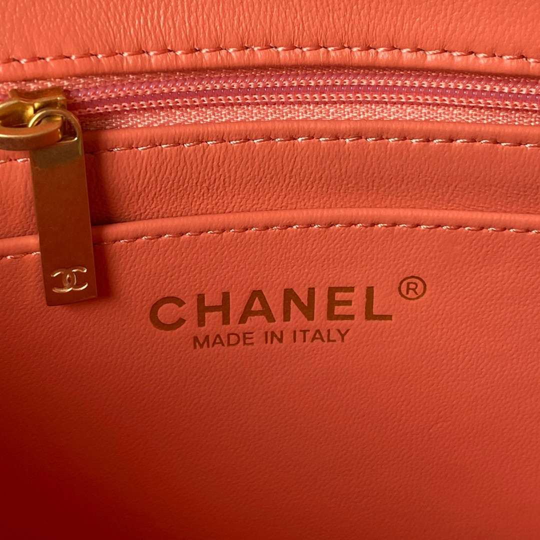 Ch**el MINI FLAP BAG SHINY CALFSKIN & Gold-Tone METAL ORANGE 5.3 × 6.6 × 3.1 in