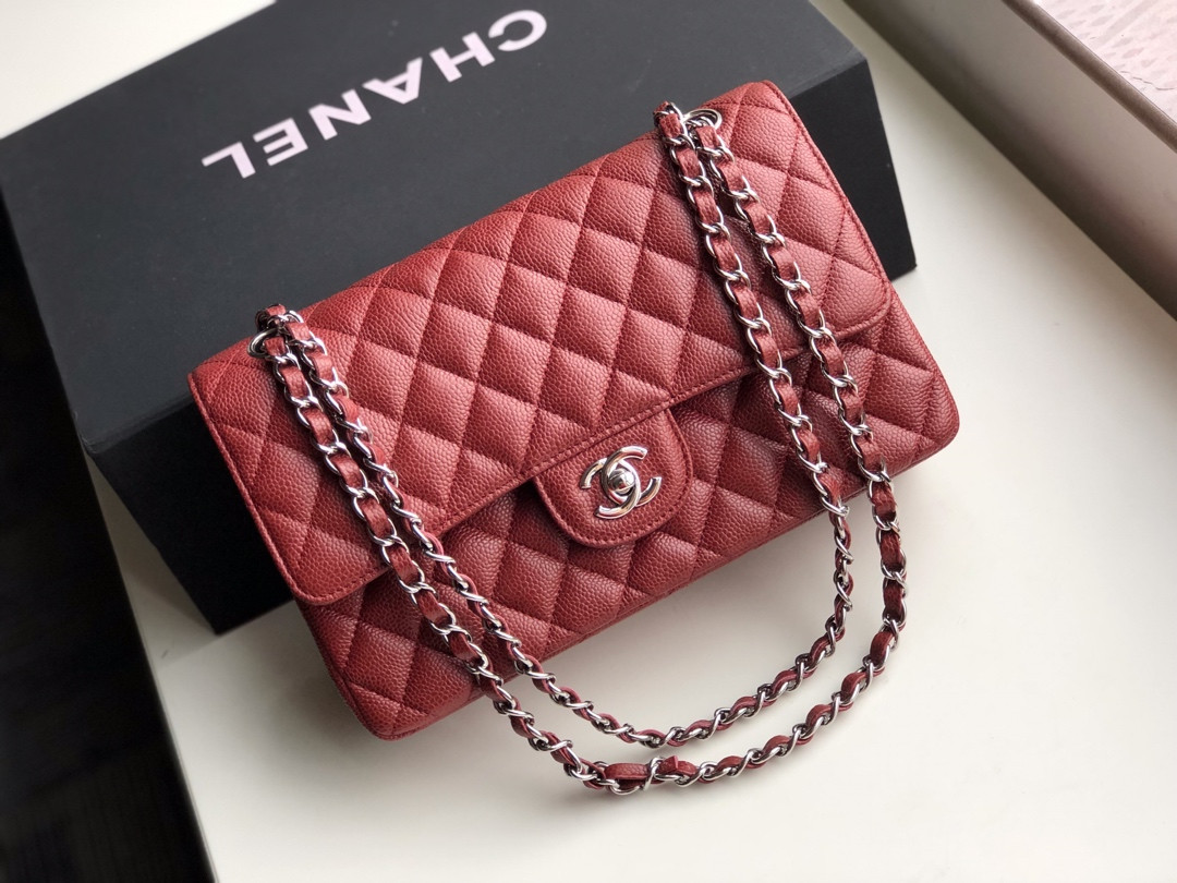 Ch**el CLASSIC HANDBAG GRAINED CALFSKIN & SILVER-TONE METAL red 6 × 9.9 × 2.5 in
