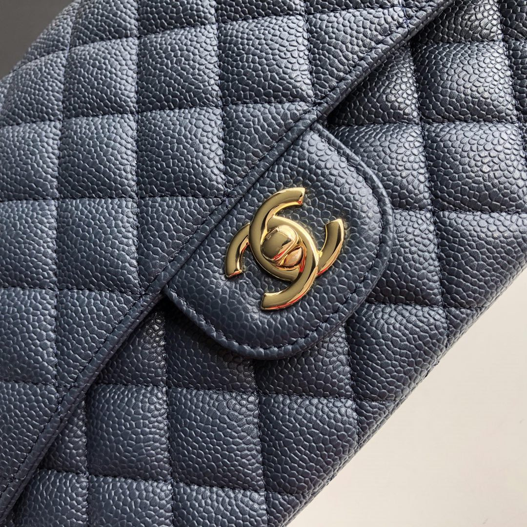 Ch**el CLASSIC HANDBAG GRAINED CALFSKIN & GOLD-TONE METAL NAVY 6 × 9.9 × 2.5 in