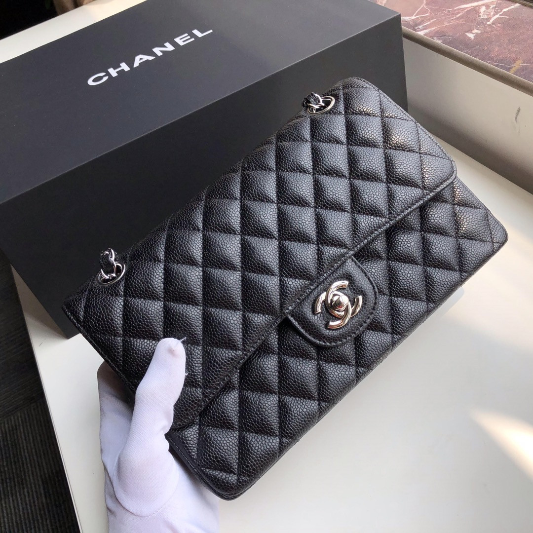 Ch**el CLASSIC HANDBAG GRAINED CALFSKIN & SILVER-TONE METAL black 6 × 9.9 × 2.5 in