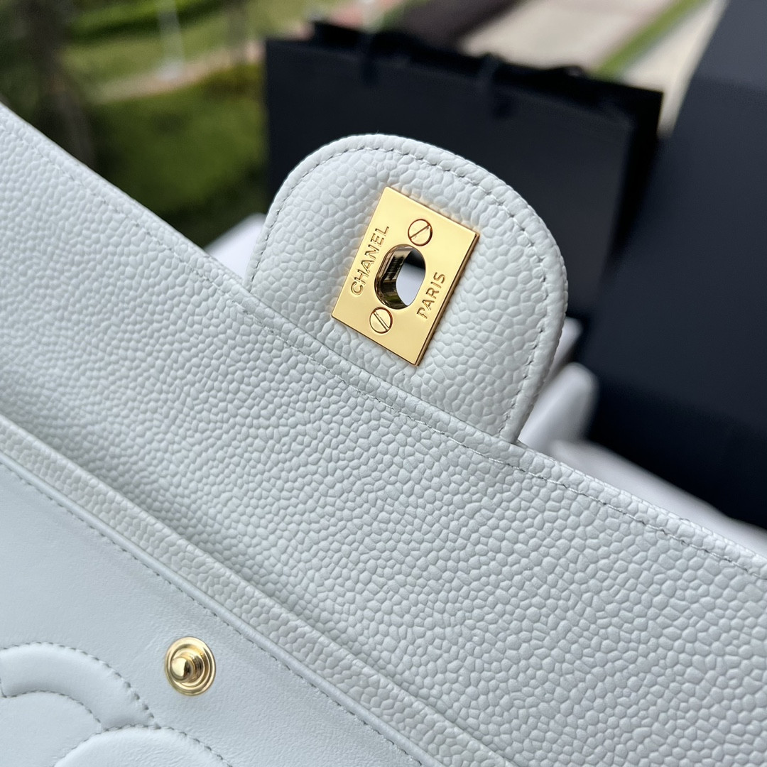 Ch**el CLASSIC HANDBAG GRAINED CALFSKIN & GOLD-TONE METAL WHITE 6 × 9.9 × 2.5 in