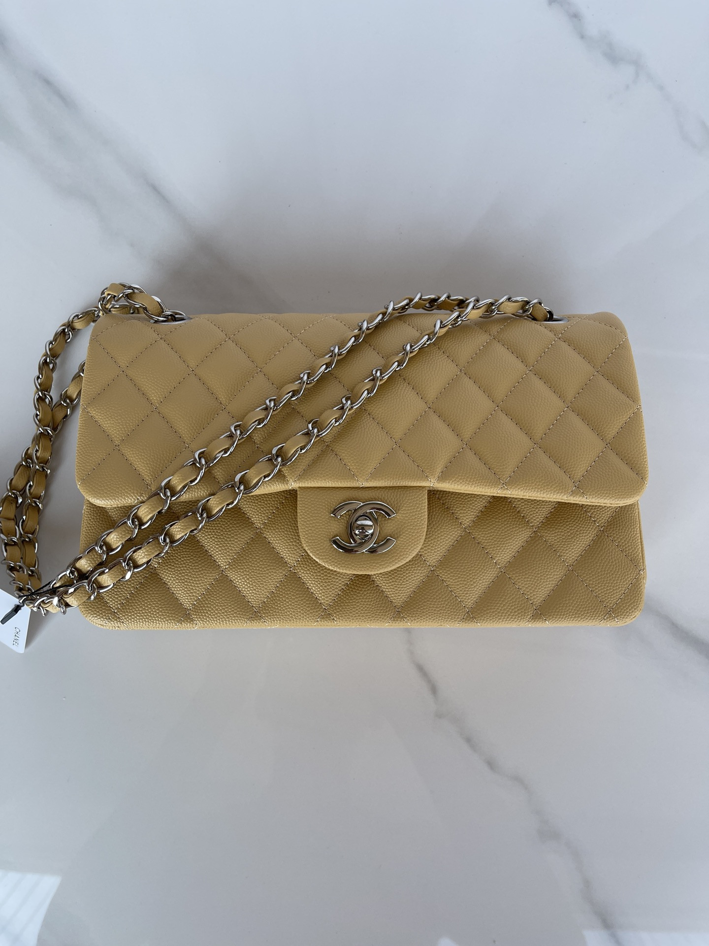 Ch**el CLASSIC HANDBAG GRAINED CALFSKIN & SILVER-TONE METAL YELLOW 6 × 9.9 × 2.5 in