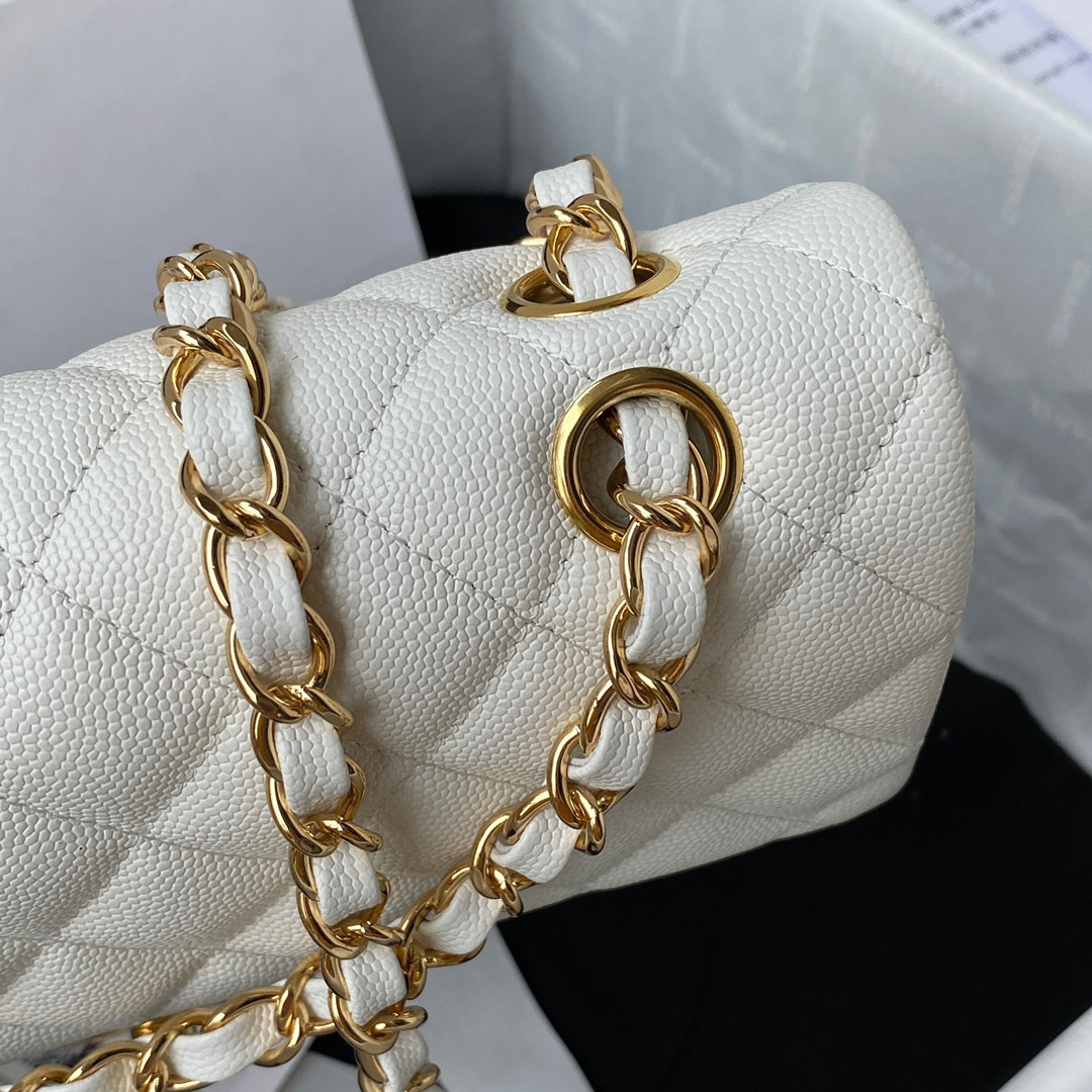 Ch**el SMALL CLASSIC HANDBAG Grained Calfskin & Gold-Tone Metal White 5.7 × 9 × 2.3 in