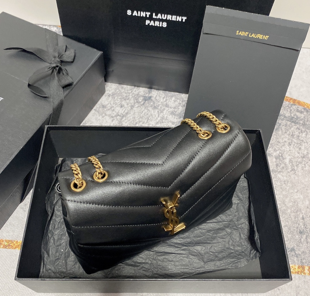 Y51 LOULOU SMALL IN QUILTED LEATHER BLACK GOLD 9 X 6.1 X 3.3 INCHES