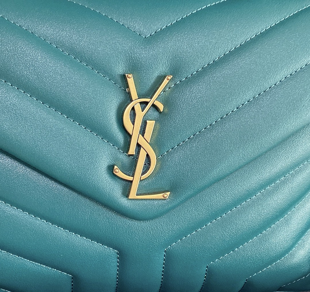 Y51 LOULOU SMALL IN QUILTED LEATHER BLUE GOLD 9 X 6.1 X 3.3 INCHES