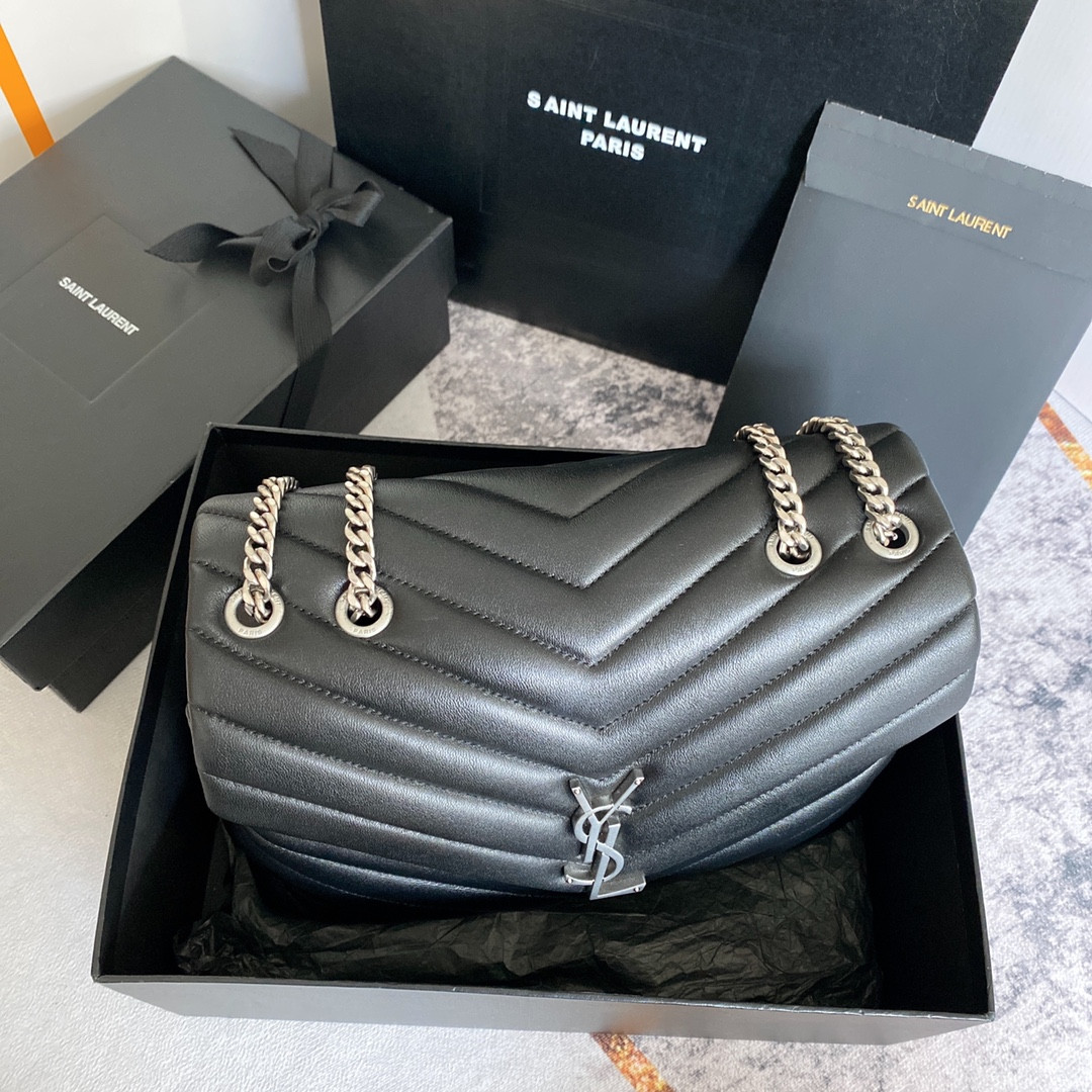 Y51 LOULOU MEDIUM IN QUILTED LEATHER BLACK Silver 12.5 X 8.6 X 3.5 INCHES