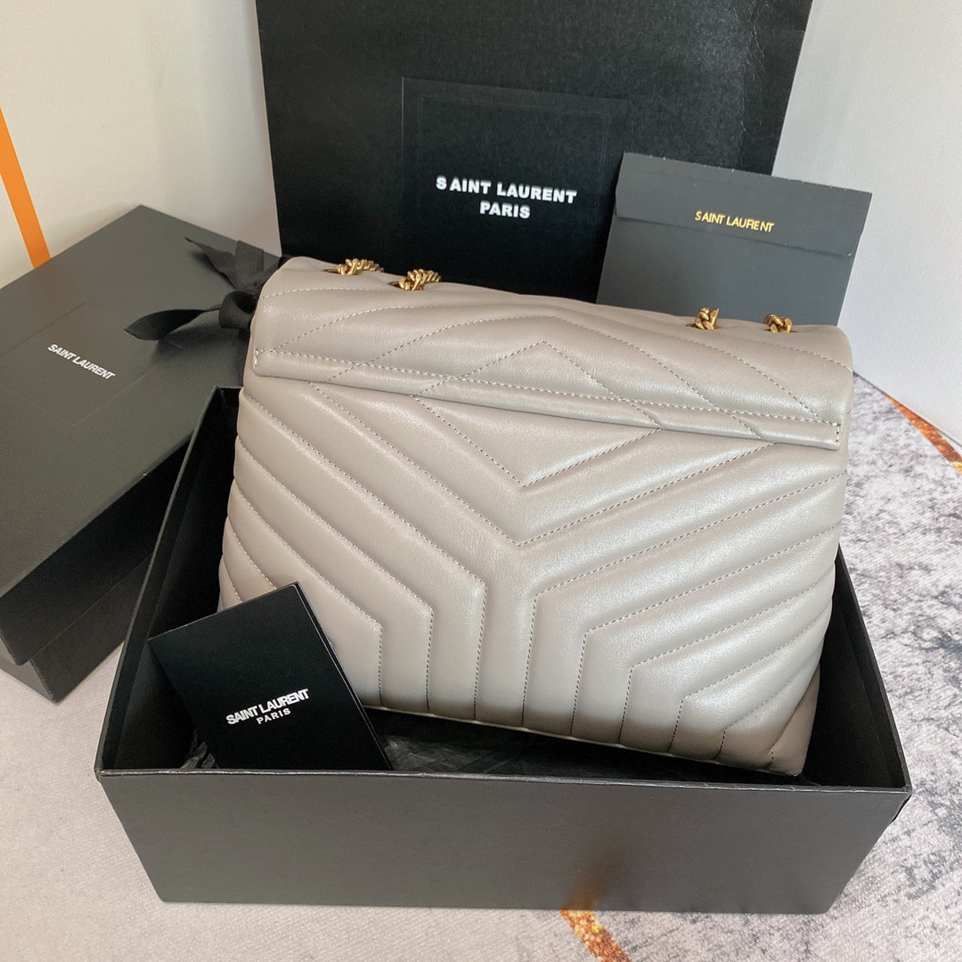 Y51 LOULOU MEDIUM IN QUILTED LEATHER GREYISH BROWN 12.5 X 8.6 X 3.5 INCHES