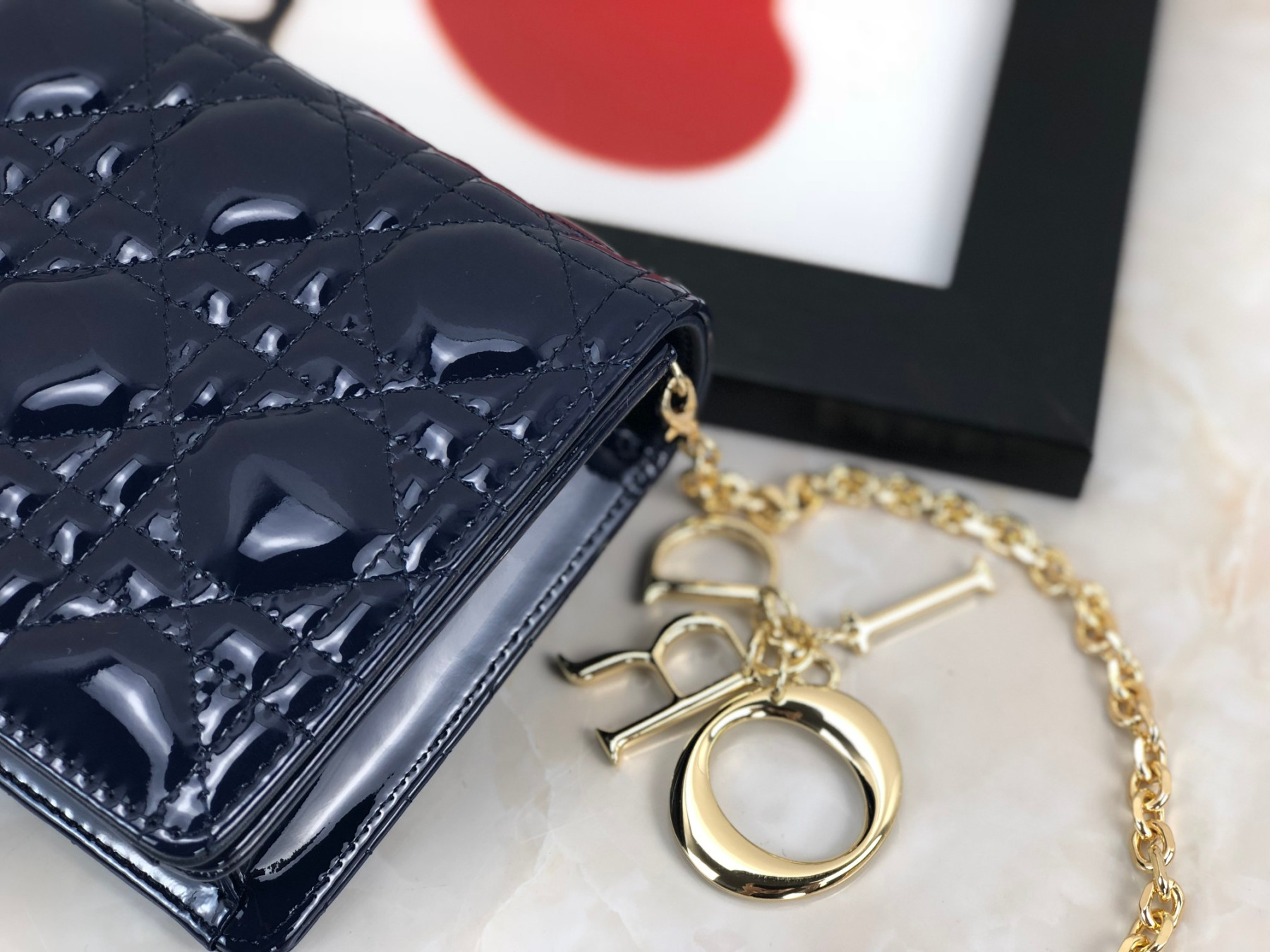 Lady D10r Pouch  Navy Patent Cannage Calfskin 8.5 x 4.5 x 1 inches