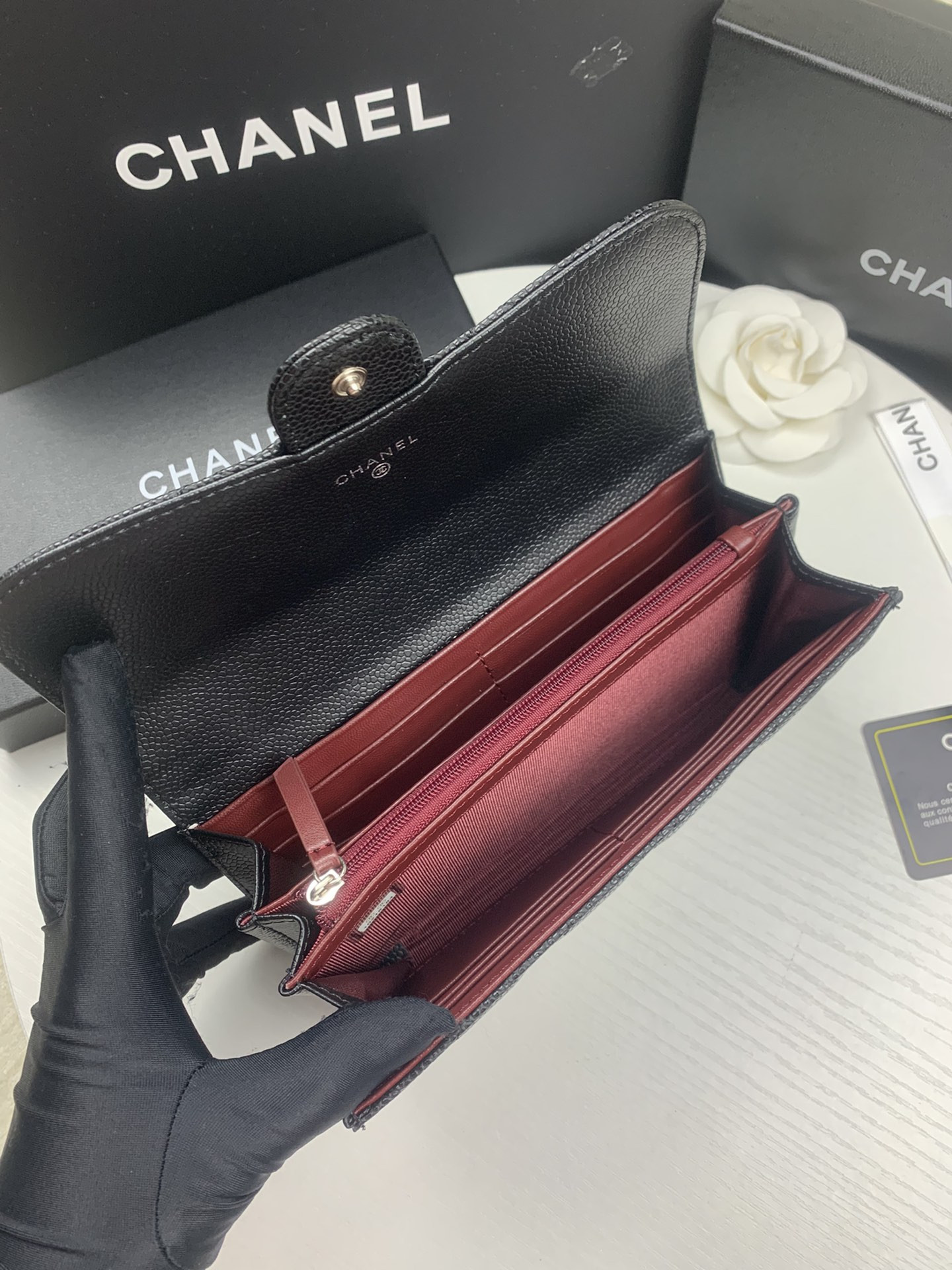 Ch**el FLAP WALLET GRAINED LEATHER BLACK 19.5 x10 cm