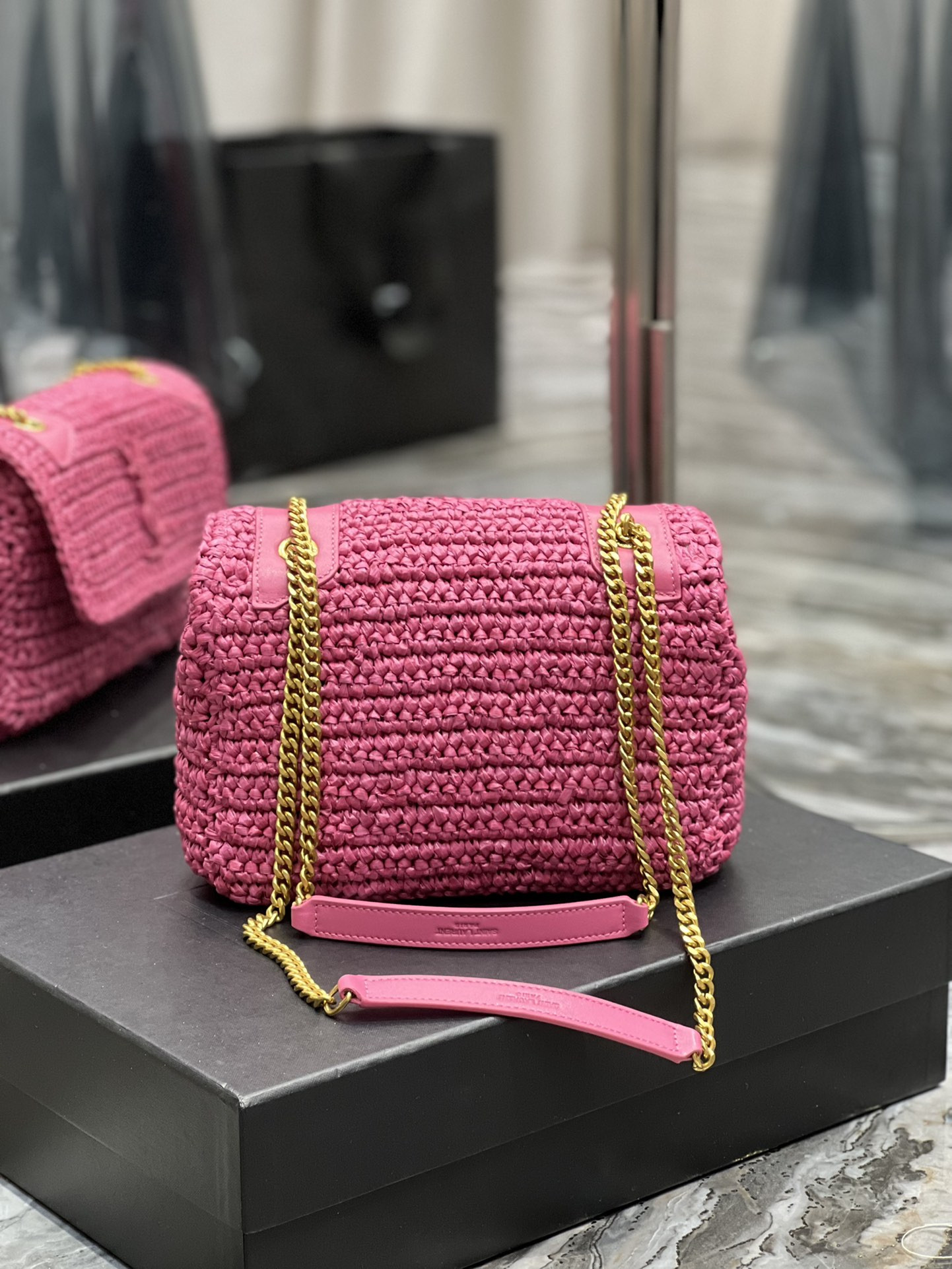 Y51 NIKI CHAIN BAG IN RAFFIA AND LEATHER 22×16.5×12 CM
