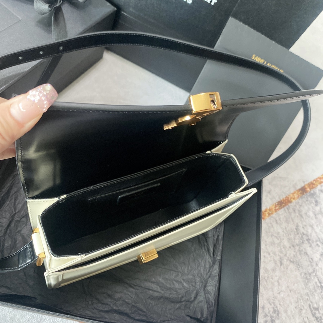 Y51 SOLFERINO MEDIUM SATCHEL IN BOX Sa1nt Lau*nt black white 9.1 X 6.3 X 2.4 INCHES