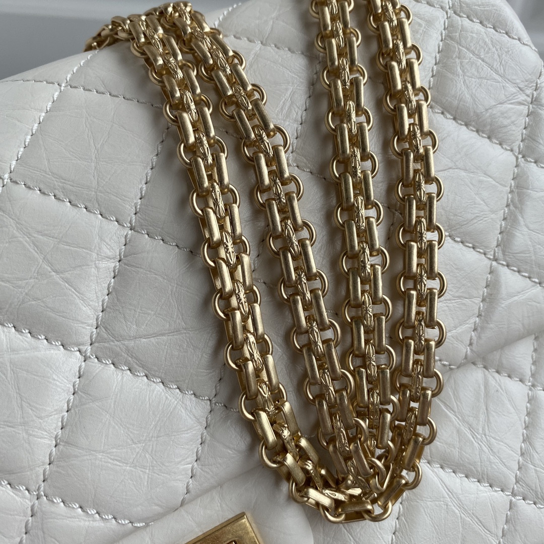 Ch**el LARGE 2.55 HANDBAG White& Gold-Tone Metal 7.6 × 10.9 × 2.9 in
