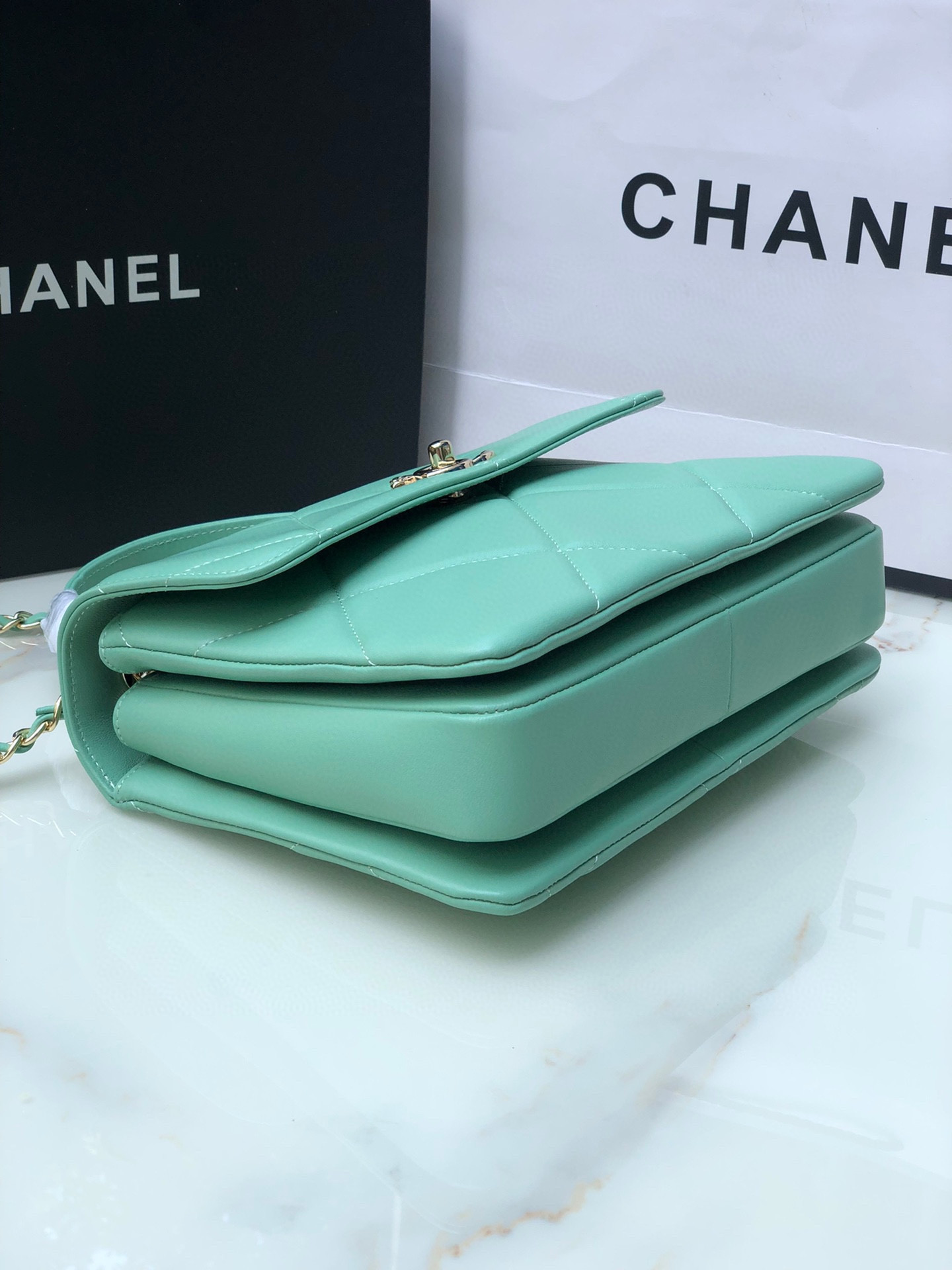Ch**el FLAP BAG WITH TOP HANDLE BLUE 6.6 × 9.8 × 4.7 in