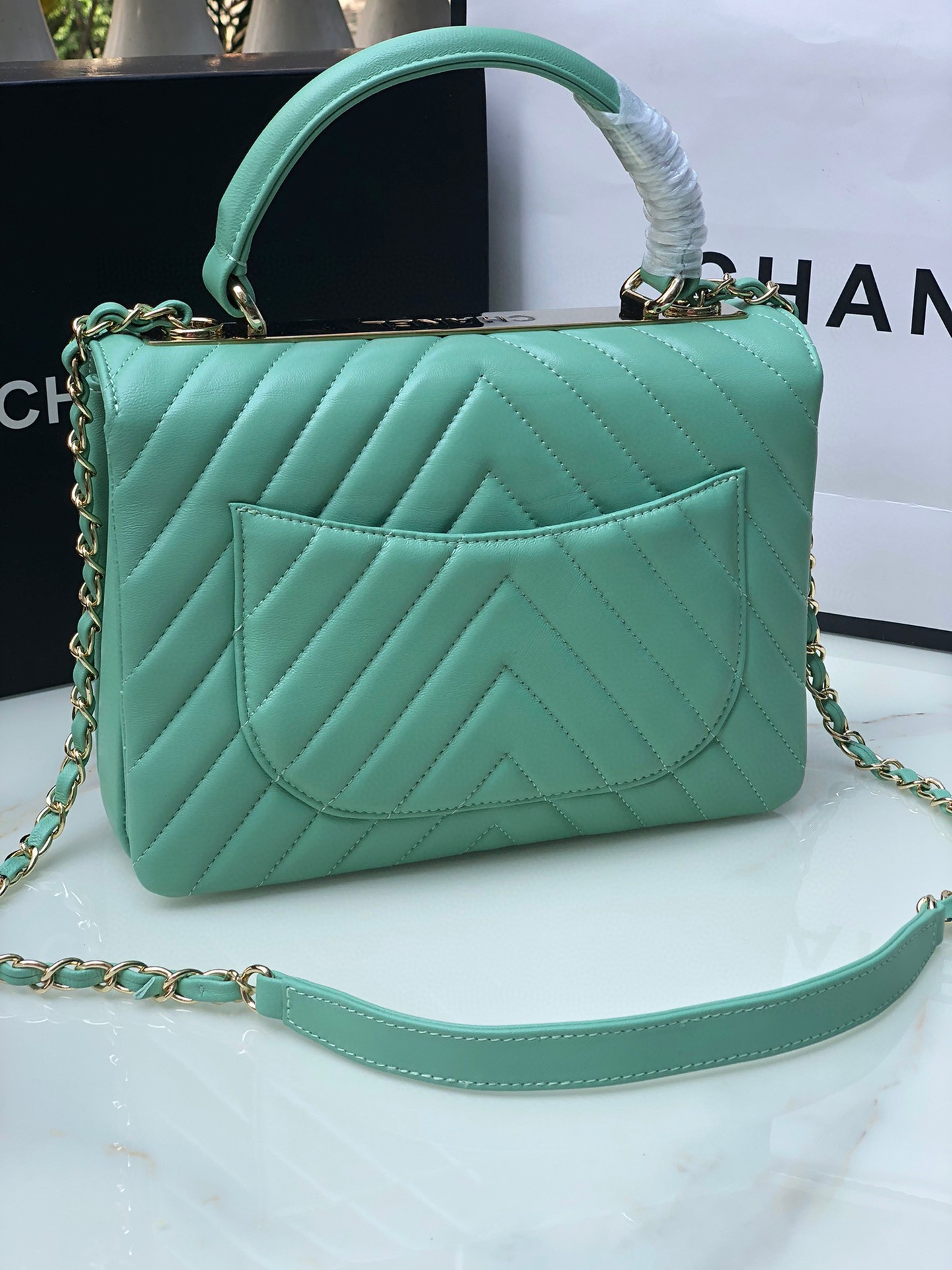 Ch**el FLAP BAG WITH TOP HANDLE BLUE SILVER 6.6 × 9.8 × 4.7 in