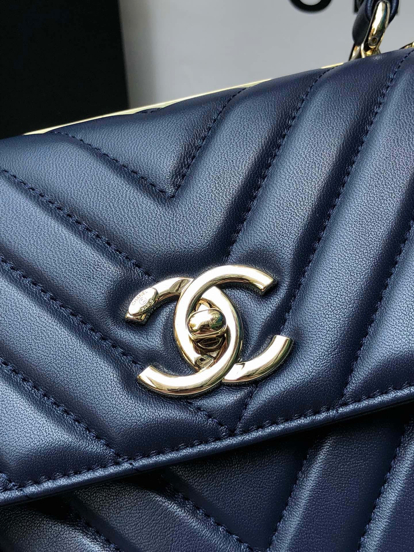 Ch**el FLAP BAG WITH TOP HANDLE NAVY 6.6 × 9.8 × 4.7 in