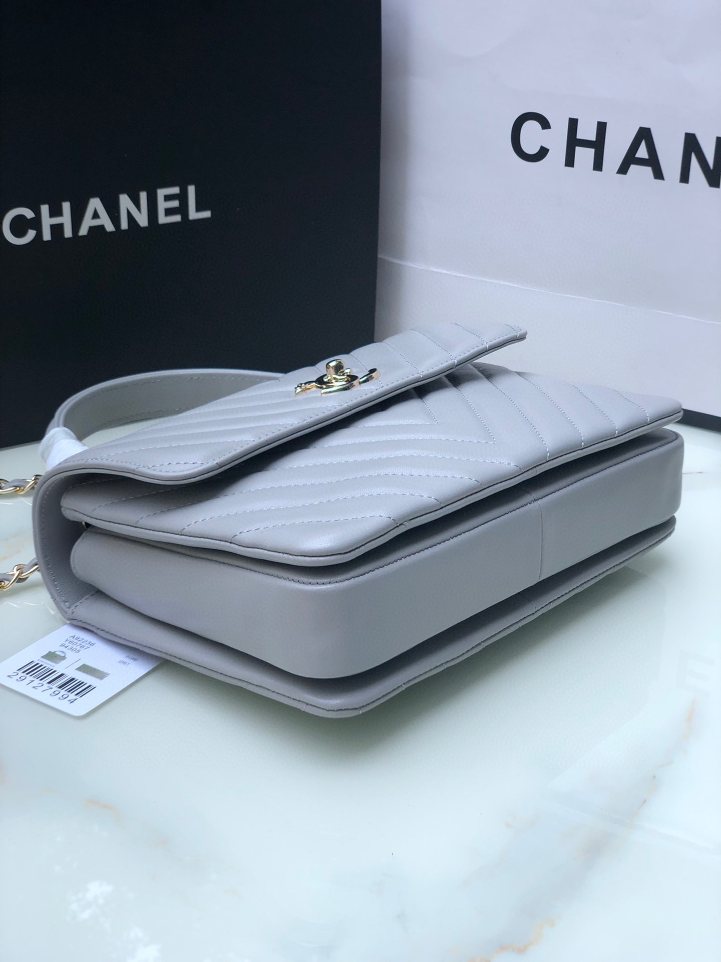Ch**el FLAP BAG WITH TOP HANDLE GRAY 6.6 × 9.8 × 4.7 in