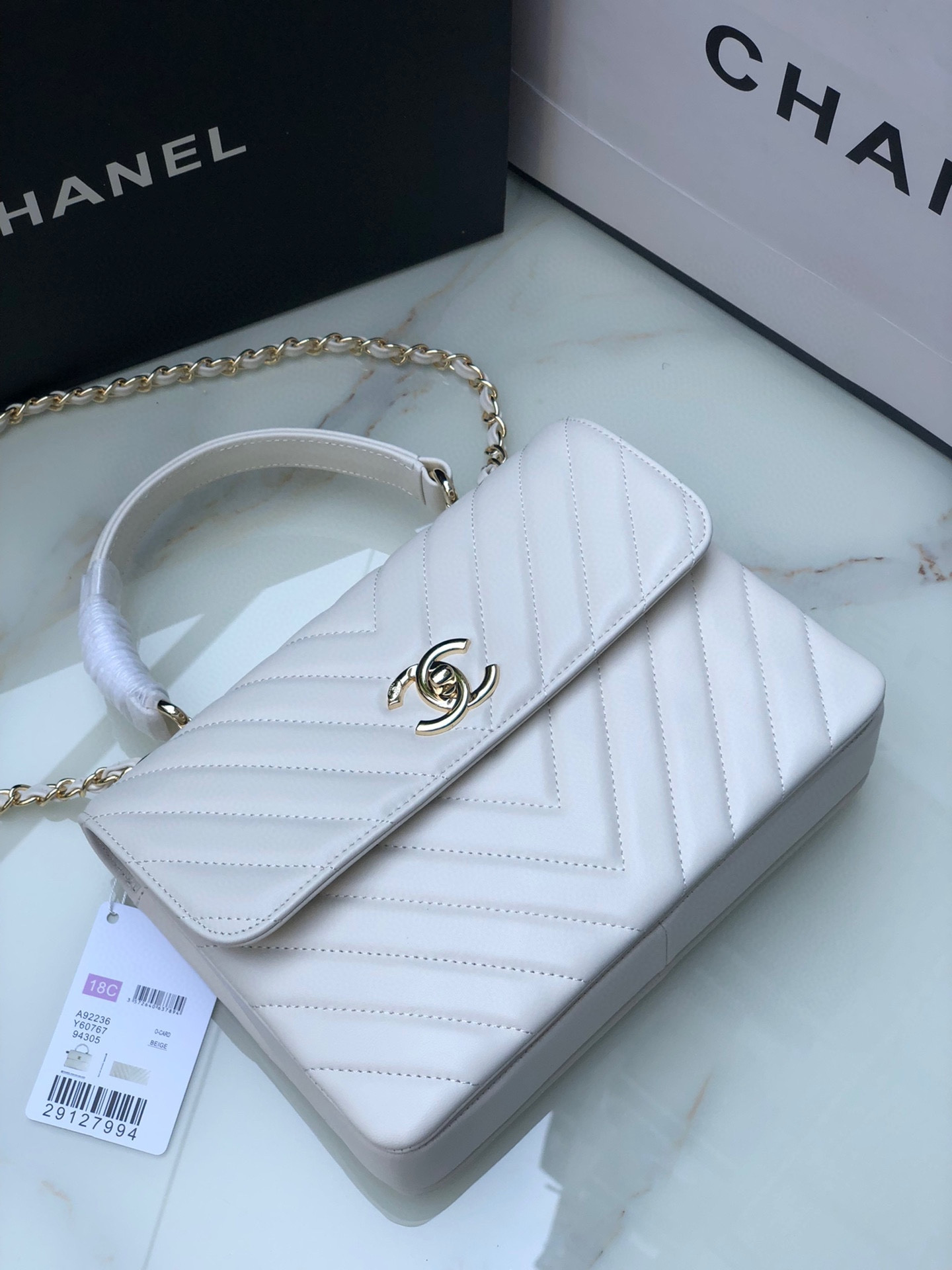 Ch**el FLAP BAG WITH TOP HANDLE WHITE 6.6 × 9.8 × 4.7 in
