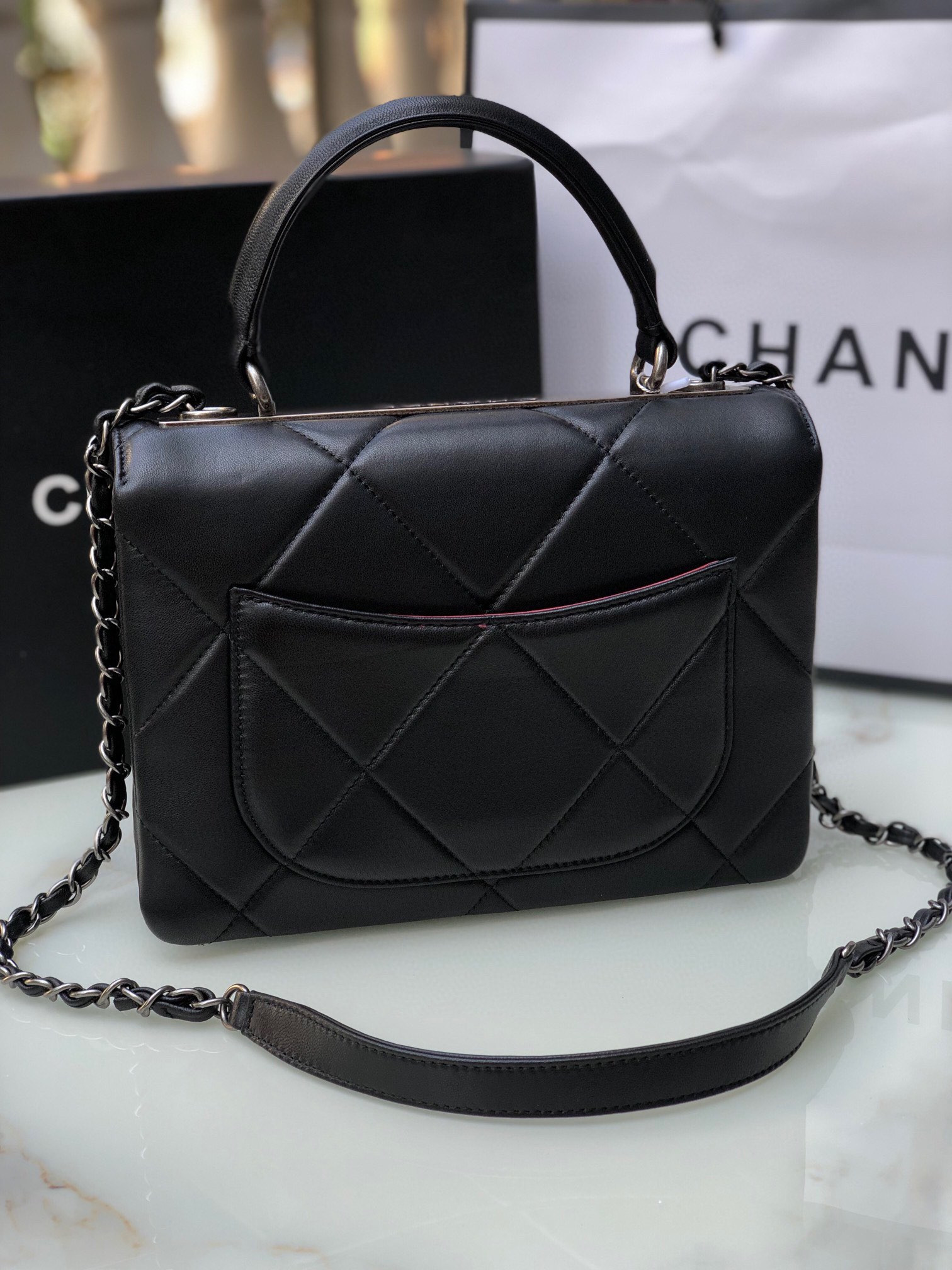 Ch**el FLAP BAG WITH TOP HANDLE 6.6 × 9.8 × 4.7 in