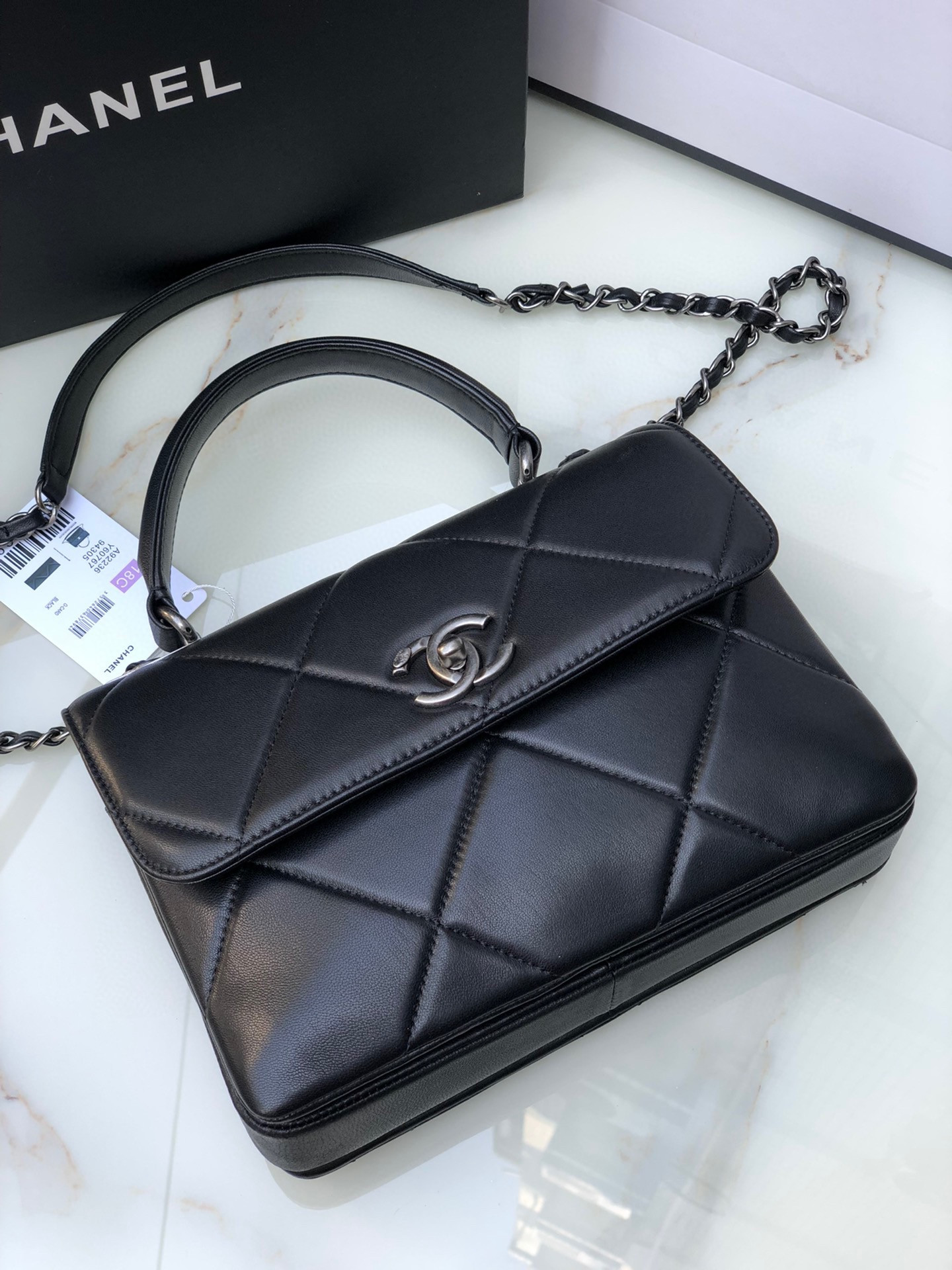 Ch**el FLAP BAG WITH TOP HANDLE 6.6 × 9.8 × 4.7 in