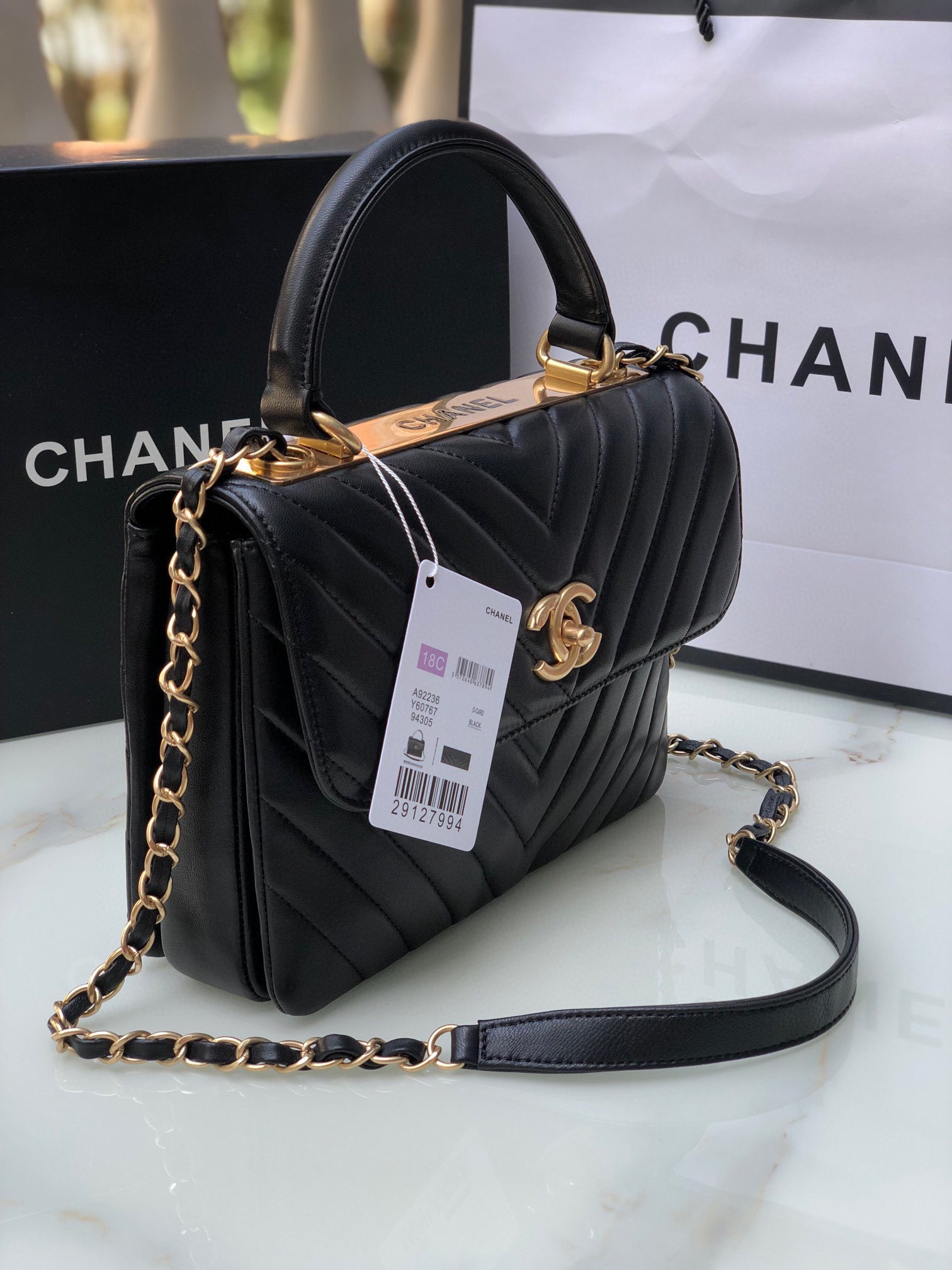 Ch**el FLAP BAG WITH TOP HANDLE 6.6 × 9.8 × 4.7 in