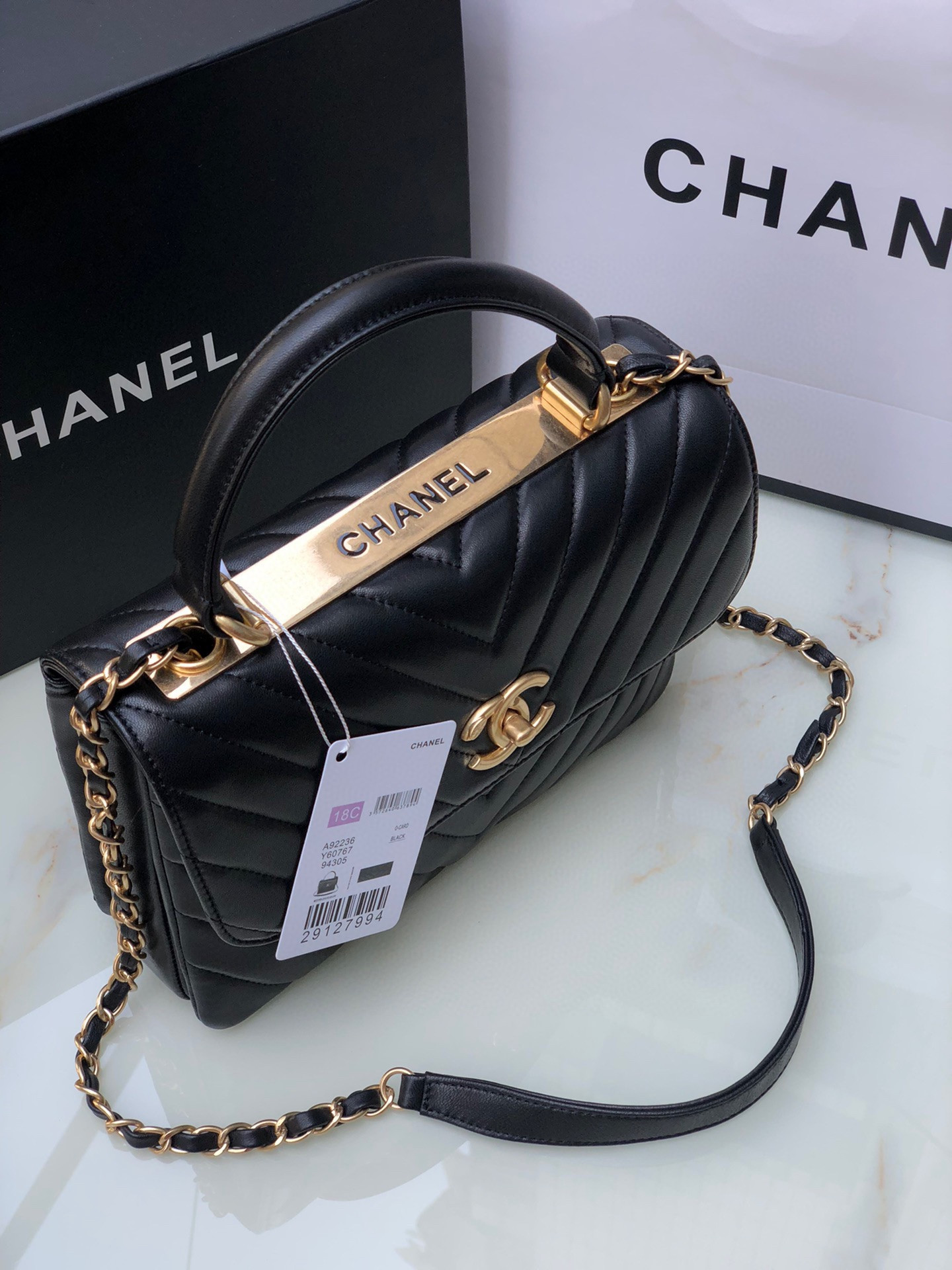 Ch**el FLAP BAG WITH TOP HANDLE 6.6 × 9.8 × 4.7 in