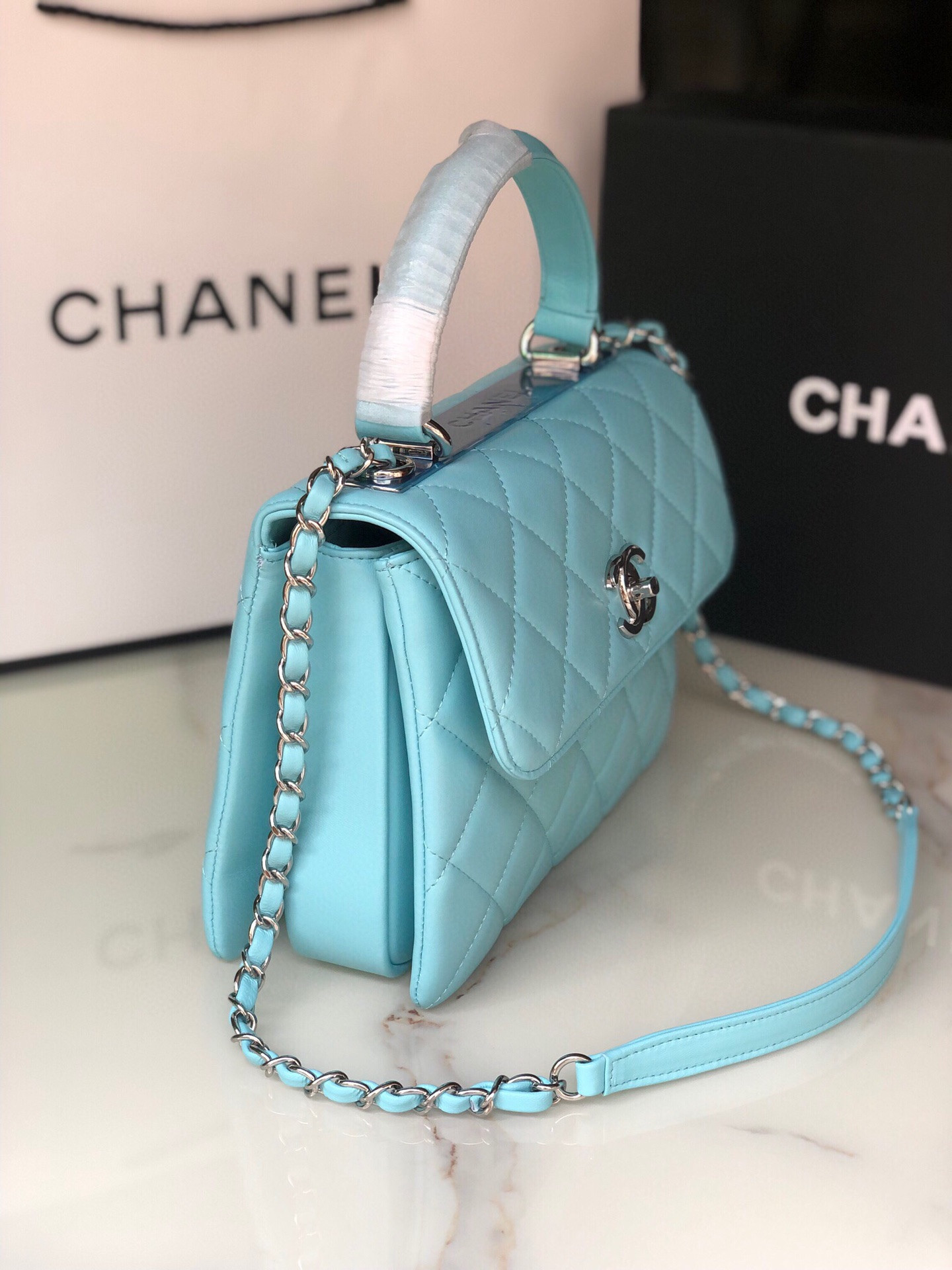 Ch**el FLAP BAG WITH TOP HANDLE 6.6 × 9.8 × 4.7 in