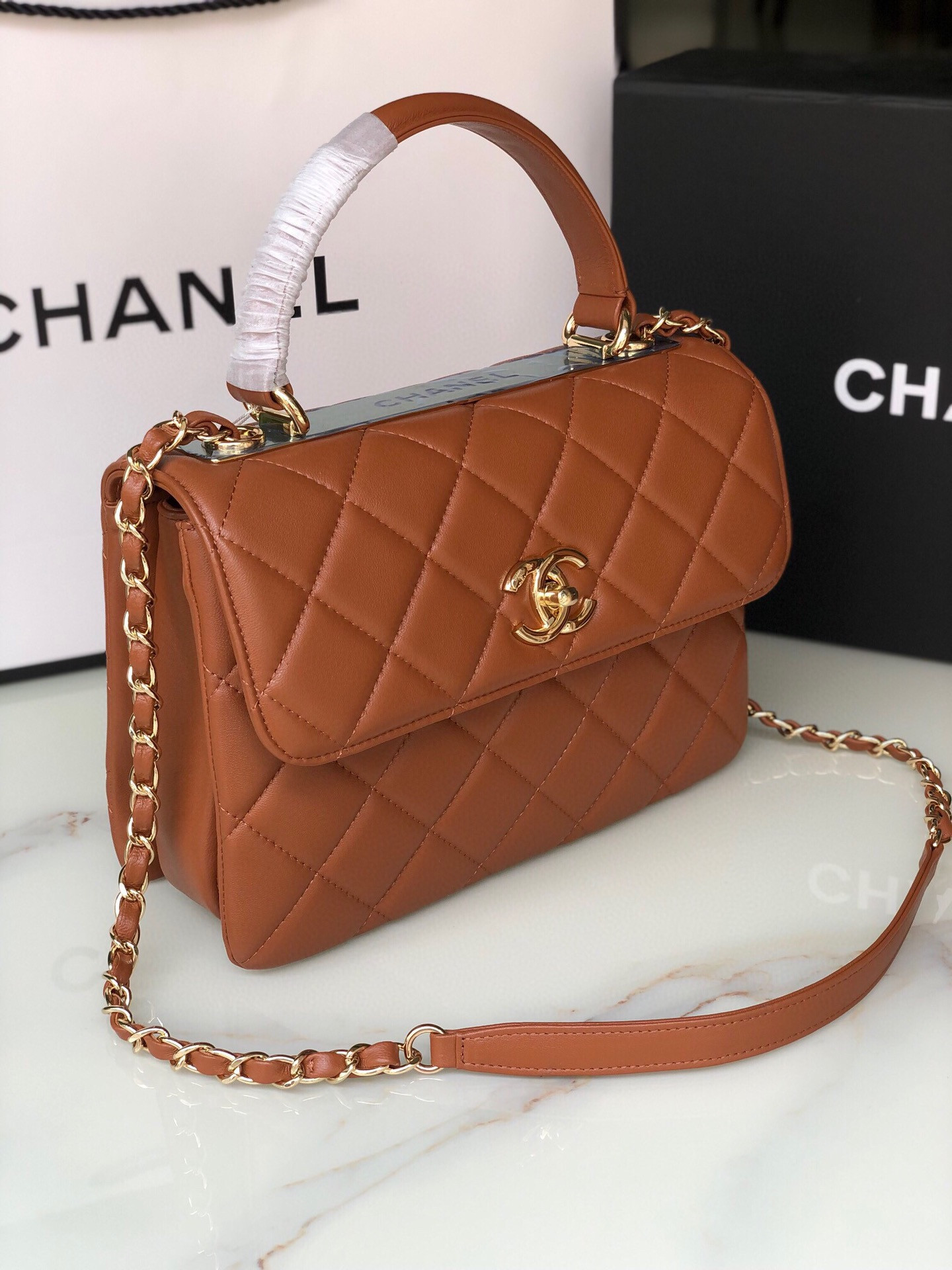 Ch**el FLAP BAG WITH TOP HANDLE 6.6 × 9.8 × 4.7 in