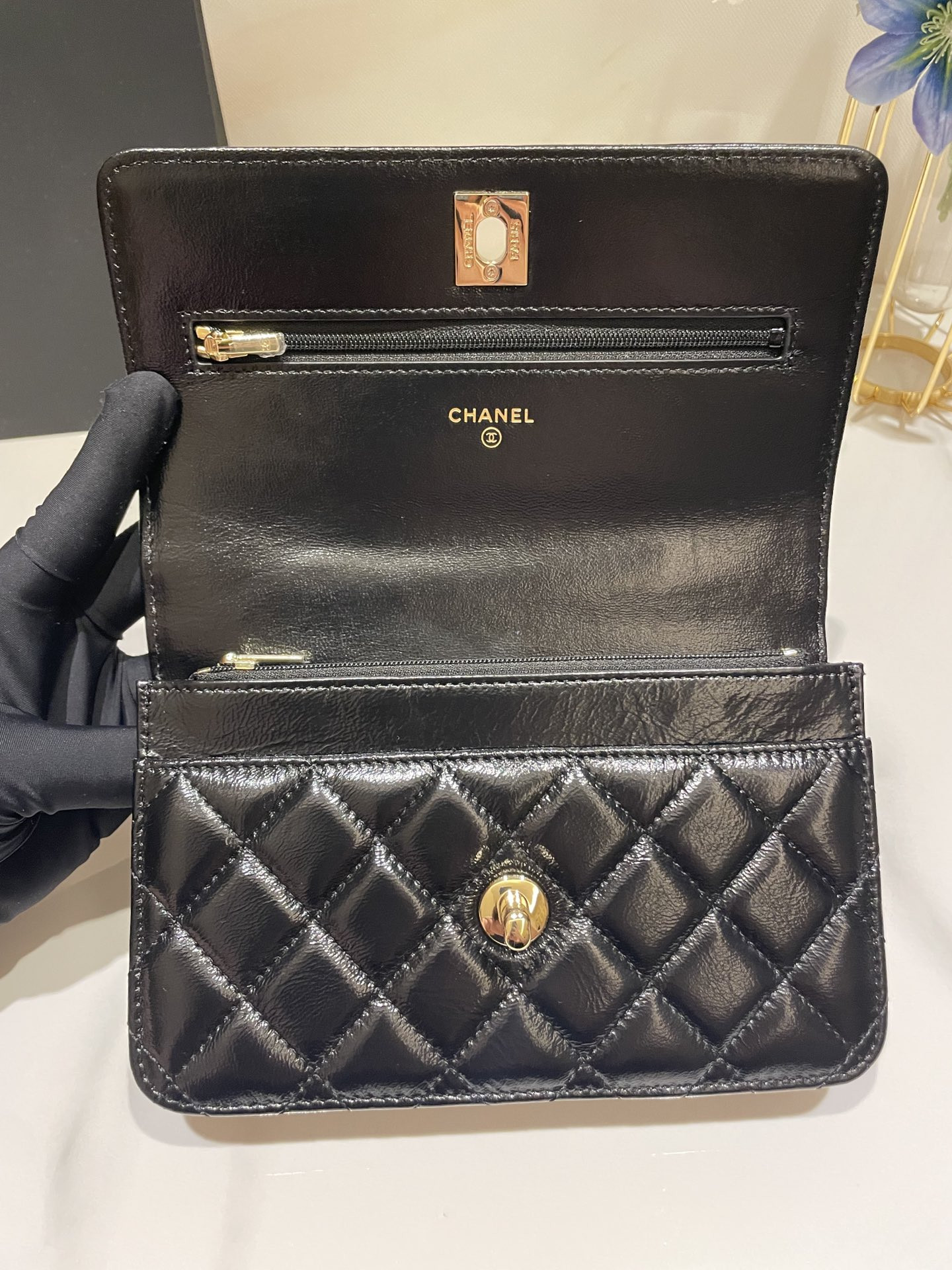 Ch**el CLASSIC WALLET ON CHAIN Rhinestone Handle BLACK 4.8 × 7.5 × 1.4