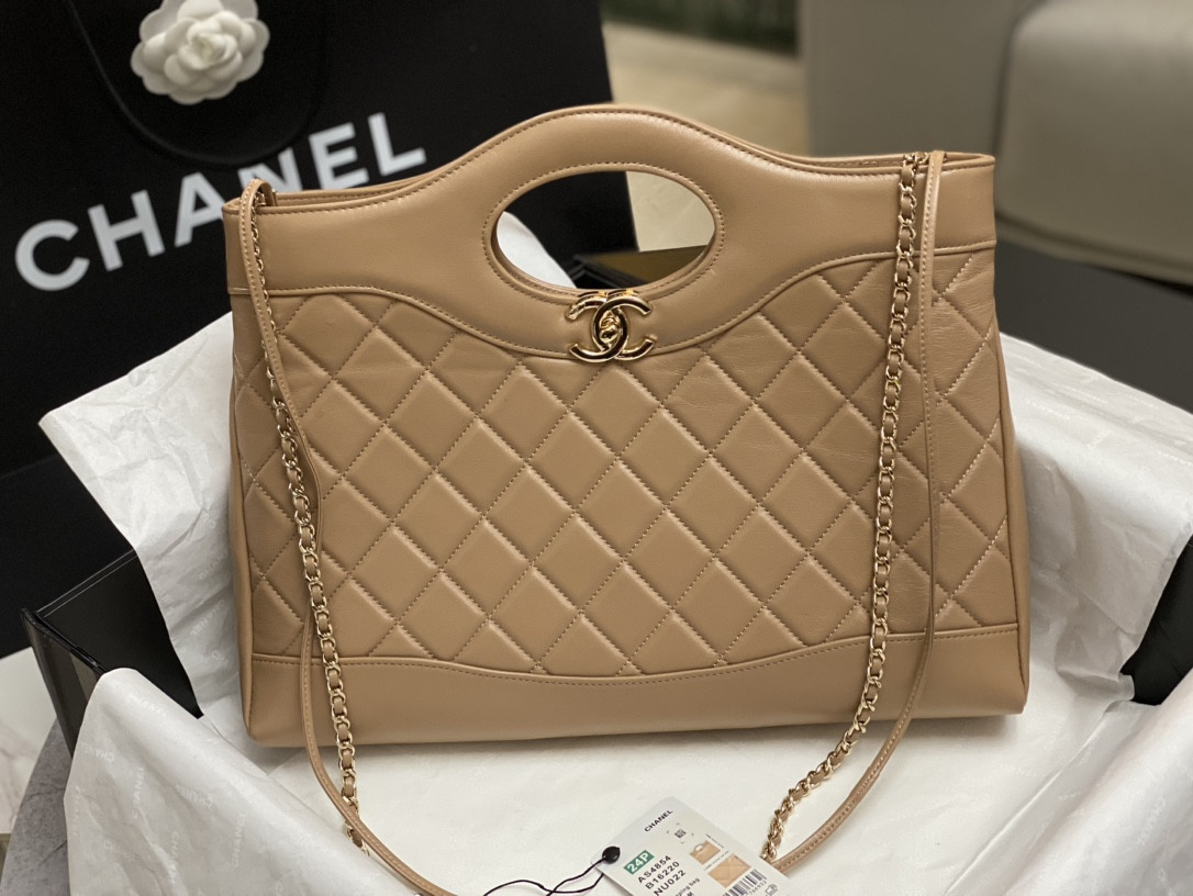 Ch**el SHOPPING BAG Shiny Lambskin & Gold-Tone Metal 11.7 × 14 × 3.5 in