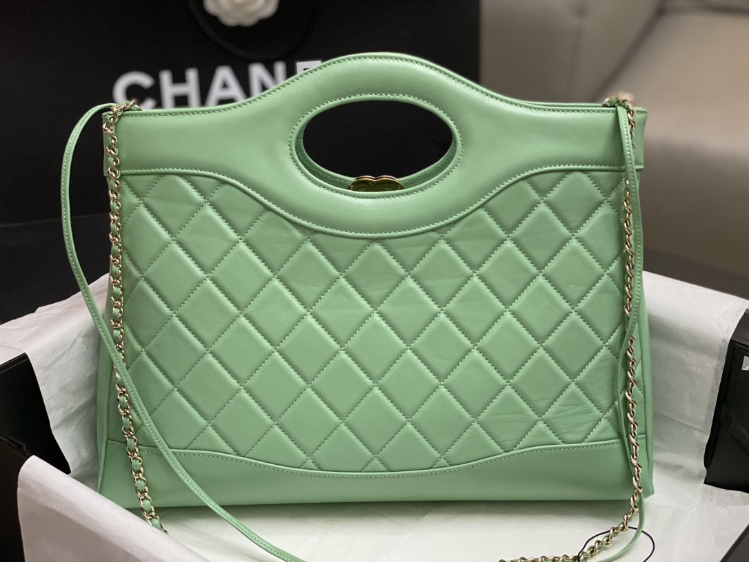 Ch**el  SHOPPING BAG Shiny Lambskin & Gold-Tone Metal Light green 35x39x8cm
