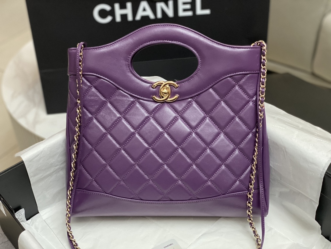 Ch**el SHOPPING BAG Shiny Lambskin & Gold-Tone Metal 11.7 × 11.3 × 3.5 in