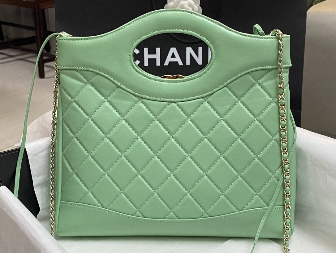 Ch**el SHOPPING BAG Shiny Lambskin & Gold-Tone Metal Light green 11.7 × 11.3 × 3.5 in