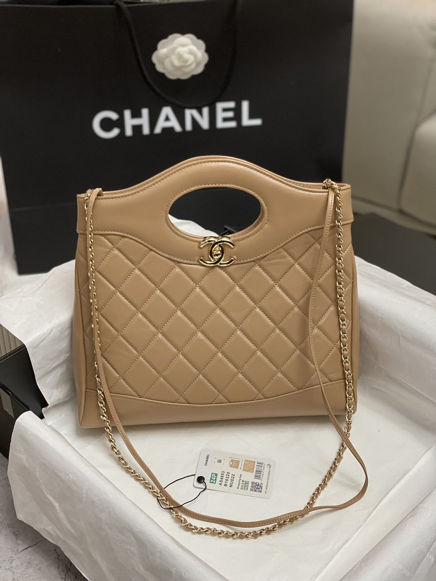 Ch**el SHOPPING BAG Shiny Lambskin & Gold-Tone Metal 11.7 × 11.3 × 3.5 in