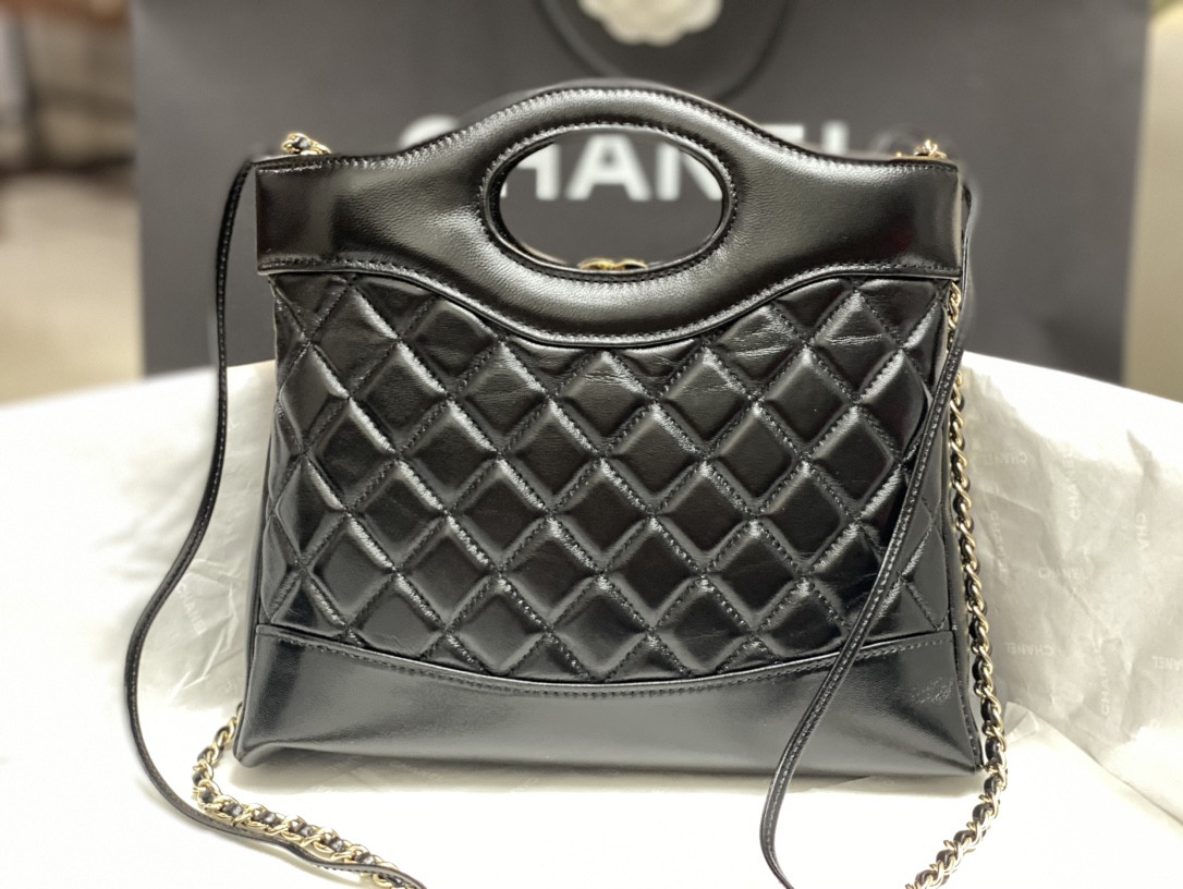Ch**el MINI SHOPPING BAG Shiny Lambskin & Gold-Tone Metal Black 22x23x5.5cm