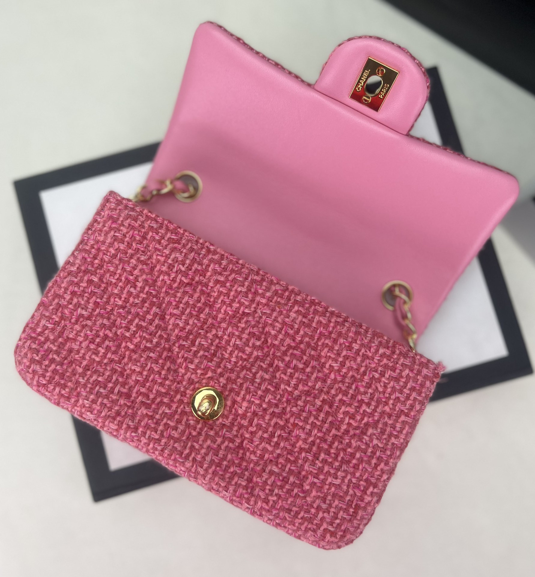 Ch**el MINI CLASSIC 11.12 HANDBAG Tweed & Gold-Tone Metal 4.7 × 7.8 × 2.3 in