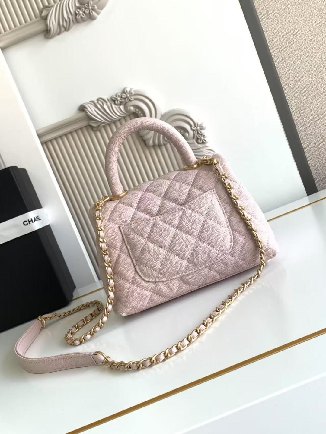 Ch**el Mini Flap Bag with Top Handle Grained Calfskin & Gold-Tone Metal AS2215 13x19x9cm