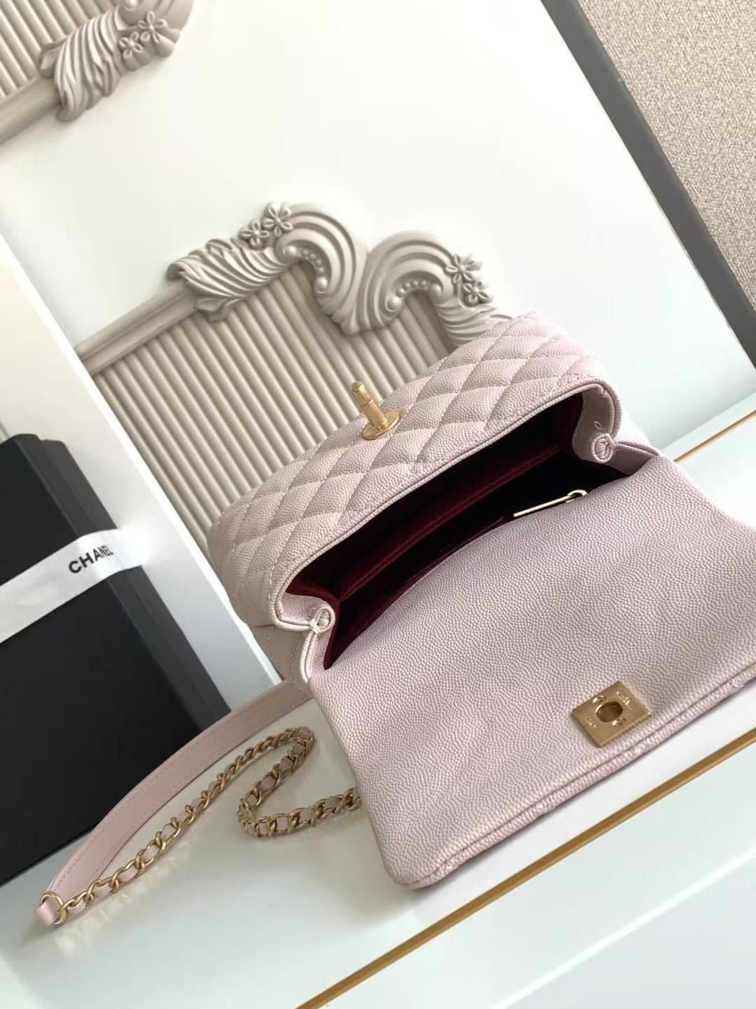 Ch**el Mini Flap Bag with Top Handle Grained Calfskin & Gold-Tone Metal AS2215 13x19x9cm