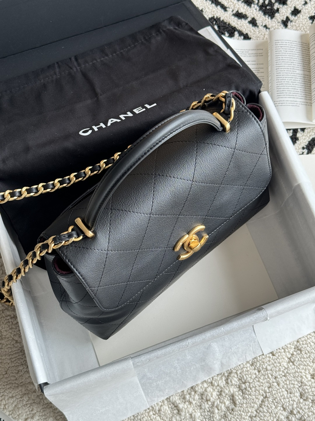 Ch**el Large Flap Bag with Top Handle Calfskin 20.5x28x9.5cm