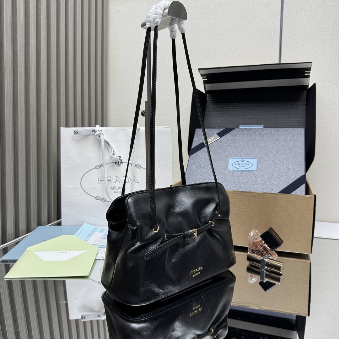 Pra*a Slouchy Lambskin Leather Shoulder Bag 25x18.5x11.5cm