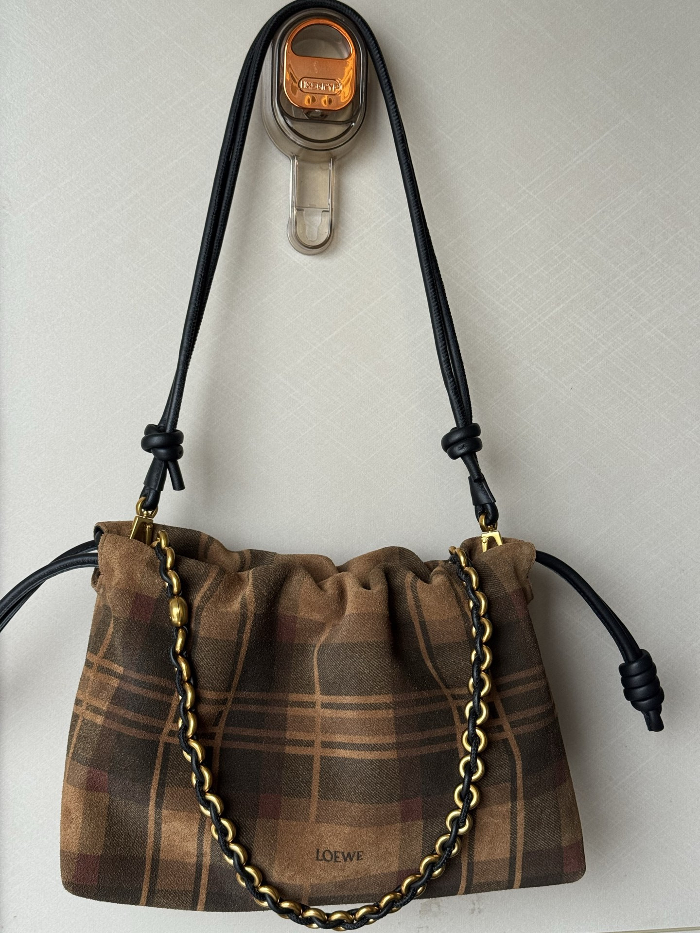 L0ew* Medium Flamenco Purse in Tartan Suede 20x30x10.5cm